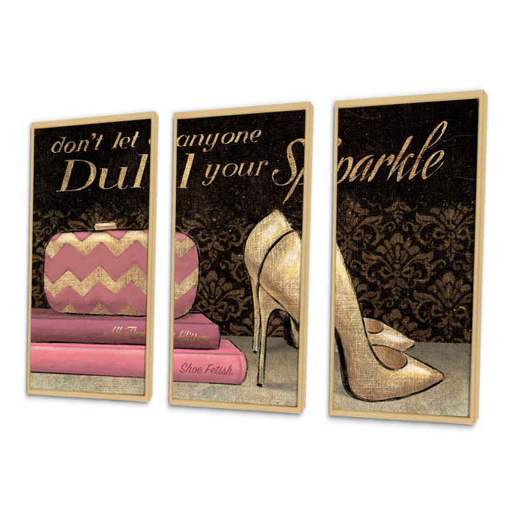 DesignArt Gold Fashions High Heels Framed On Canvas 3 Pieces Print Wayfair Canada